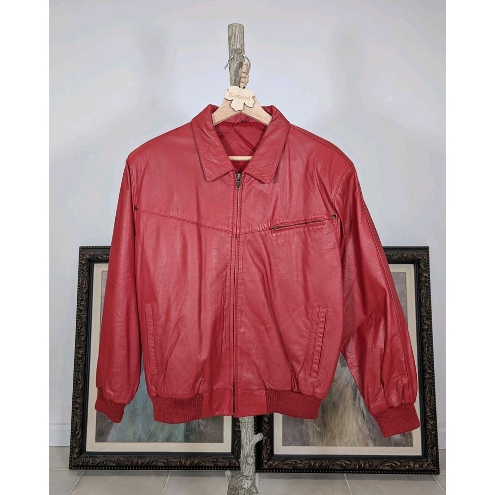 Jubian Tokyo TFC Genuine‎ Red Leather Bomber Jacket Size L Men Women 90s vibe - Picture 5 of 13